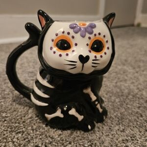Skeleton Cat Mug Floral Cute Black & White